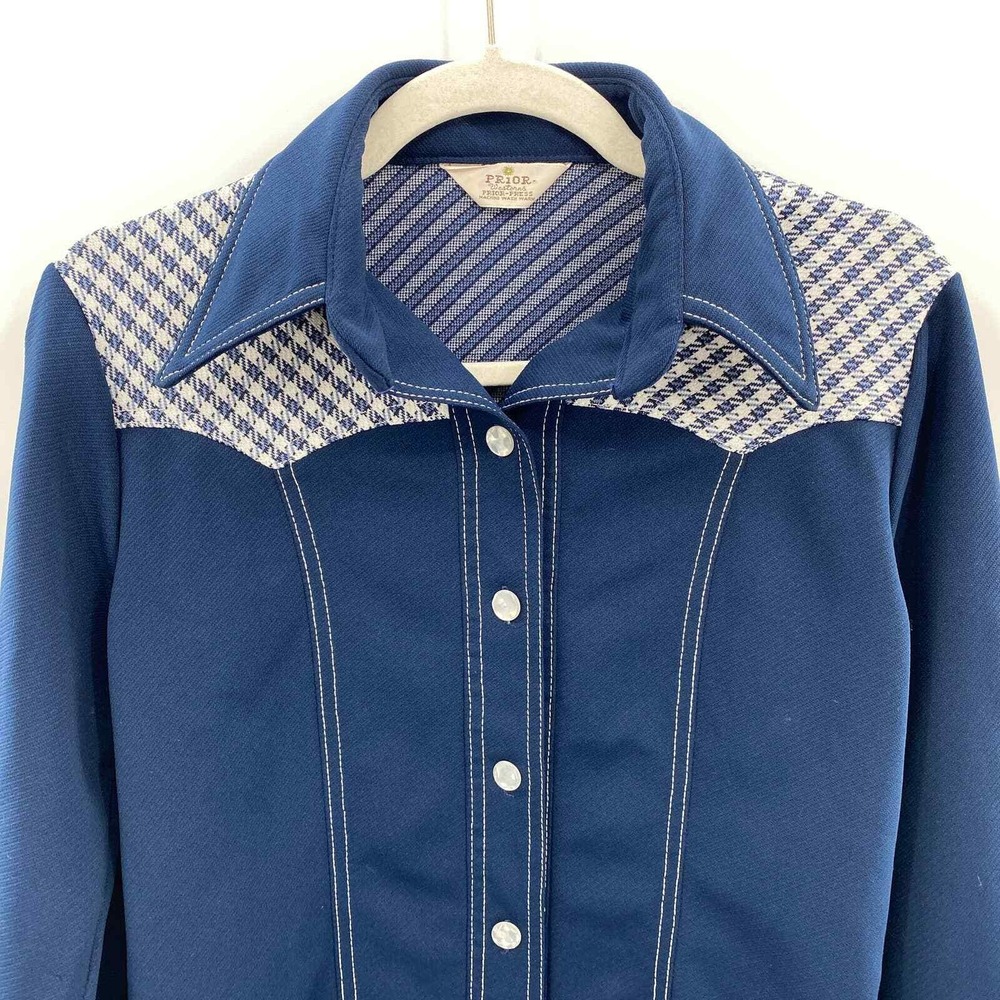 Prior Westerns Prior Press Button Front Shirt Womens Medium Blue White Vintage View 3